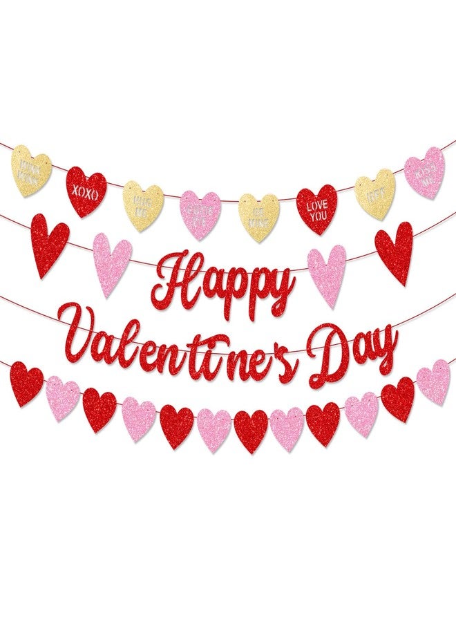 لافتة عيد حب سعيد مع إكليل قلوب وعبارات حب لامعة، زينة حفلات عيد الحب، دعامة تصوير رومانسية لحفلات الزفاف الداخلية والخارجية، والذكرى السنوية، والمناسبات ذات الطابع الرومانسي - Image 1